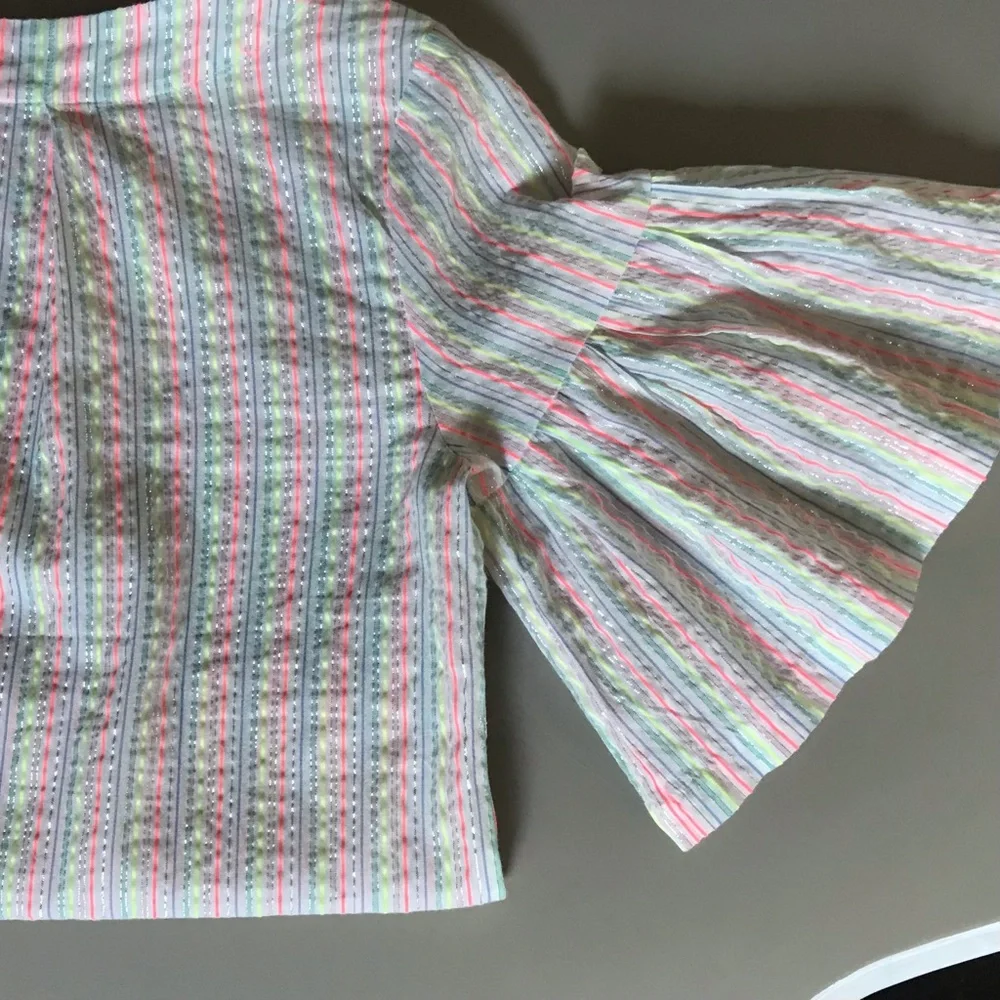 A NEW DAY Seersucker Ruffle Bell Sleeve Metallic Sparkle Neon Striped Blouse - Picture 7 of 9